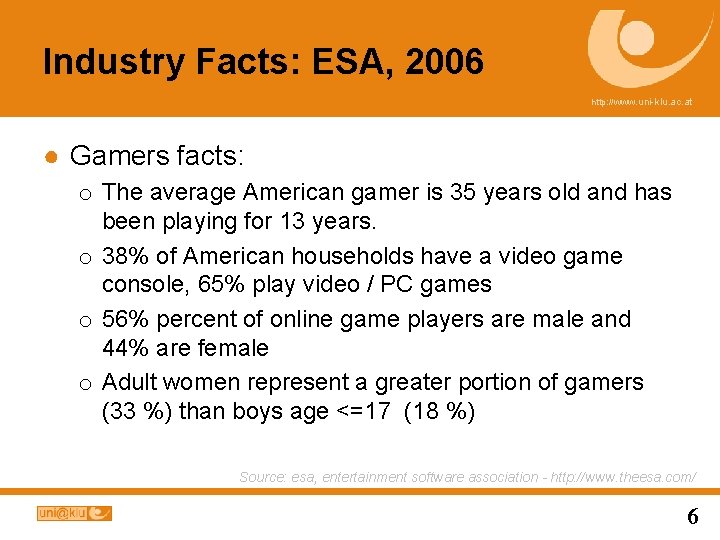 Industry Facts: ESA, 2006 http: //www. uni-klu. ac. at ● Gamers facts: o The