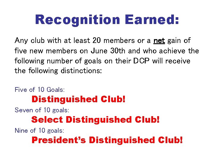 Recognition Earned: Any club with at least 20 members or a net gain of