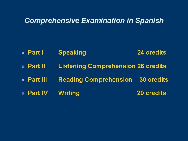 Comprehensive Examination in Spanish Part I Speaking 24 credits Part II Listening Comprehension 26
