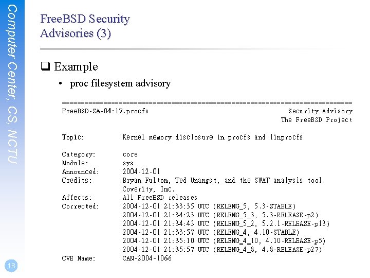 Computer Center, CS, NCTU 18 Free. BSD Security Advisories (3) q Example • proc