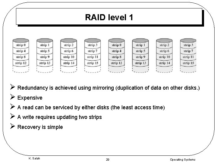 RAID level 1 Ø Redundancy is achieved using mirroring (duplication of data on other