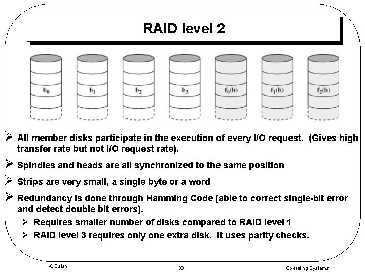 RAID level 2 Ø All member disks participate in the execution of every I/O