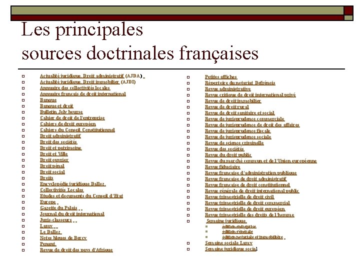 Les principales sources doctrinales françaises o o o o o o o o Actualité