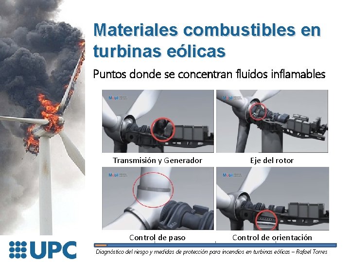 Materiales combustibles en turbinas eólicas Puntos donde se concentran fluidos inflamables Transmisión y Generador