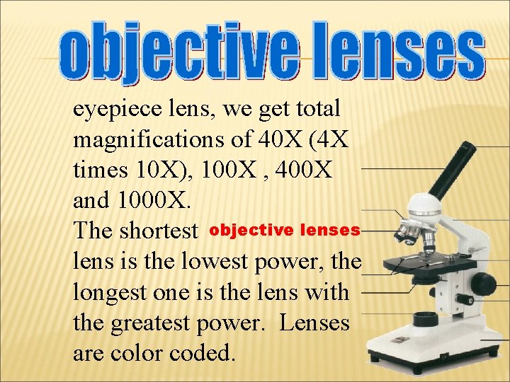 eyepiece lens, we get total magnifications of 40 X (4 X times 10 X),