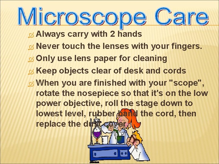 Always carry with 2 hands Never touch the lenses with your fingers. Only use