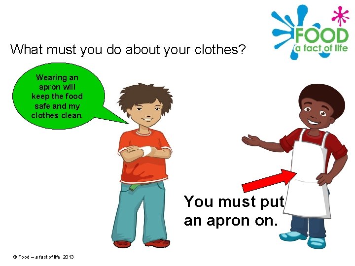 What must you do about your clothes? Wearing an apron will keep the food