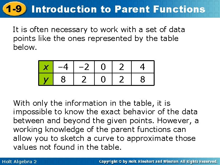 1 -9 Introduction to Parent Functions It is often necessary to work with a