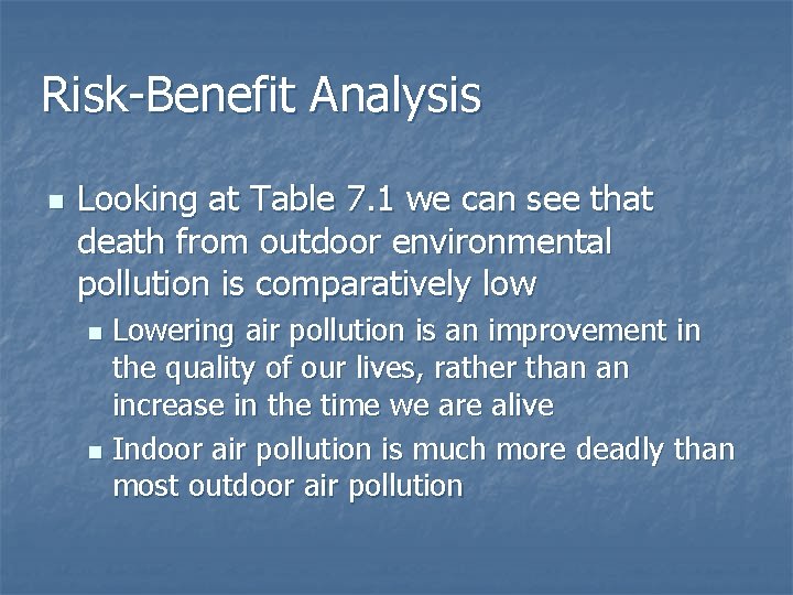 Risk-Benefit Analysis n Looking at Table 7. 1 we can see that death from