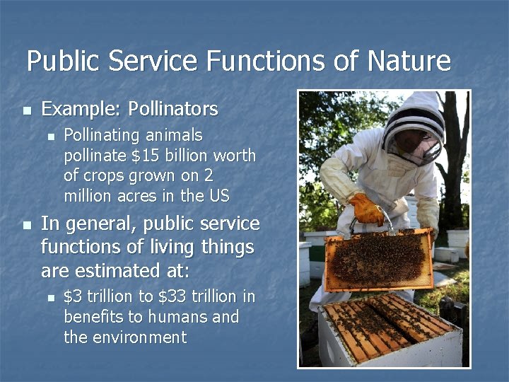 Public Service Functions of Nature n Example: Pollinators n n Pollinating animals pollinate $15