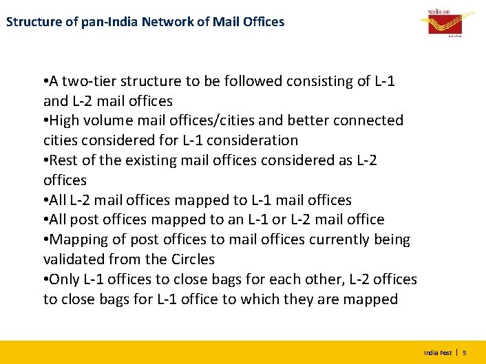 Structure of pan-India Network of Mail Offices • A two-tier structure to be followed
