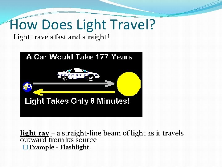 How Does Light Travel? Light travels fast and straight! light ray – a straight-line
