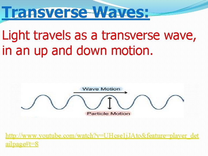 Transverse Waves: Light travels as a transverse wave, in an up and down motion.