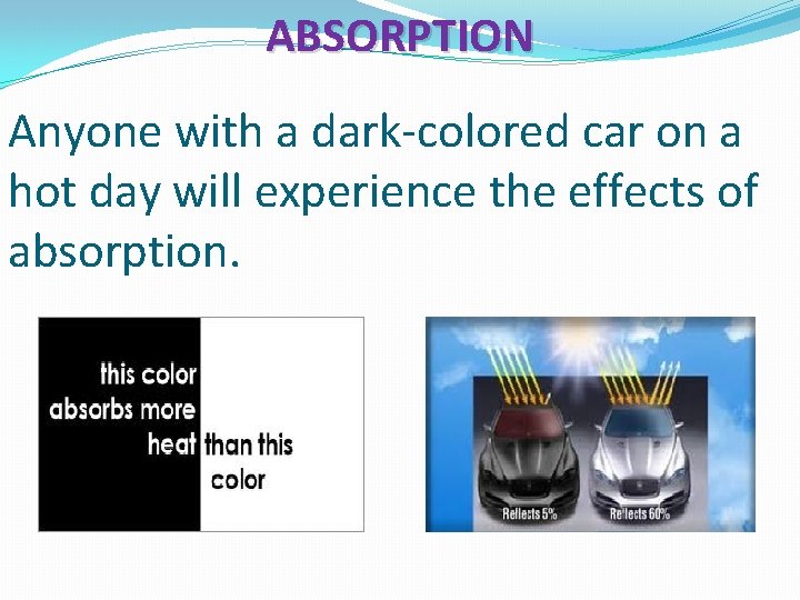 ABSORPTION Anyone with a dark-colored car on a hot day will experience the effects