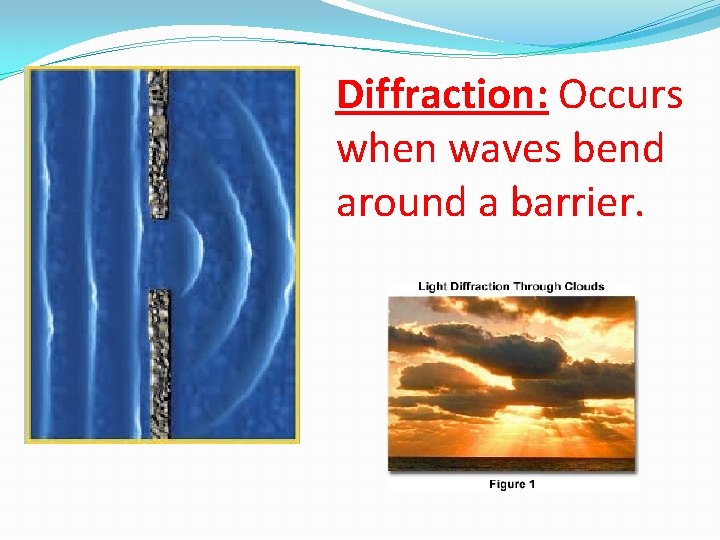  Diffraction: Occurs when waves bend around a barrier. 