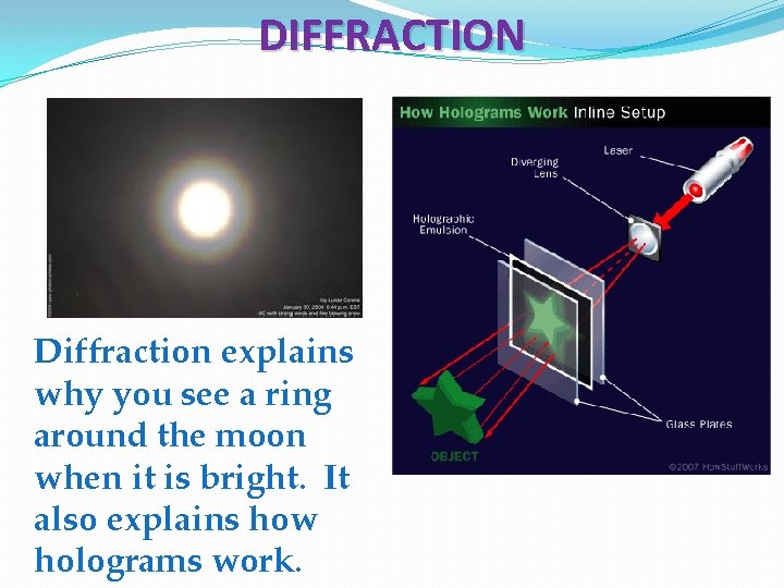 DIFFRACTION Diffraction explains why you see a ring around the moon when it is