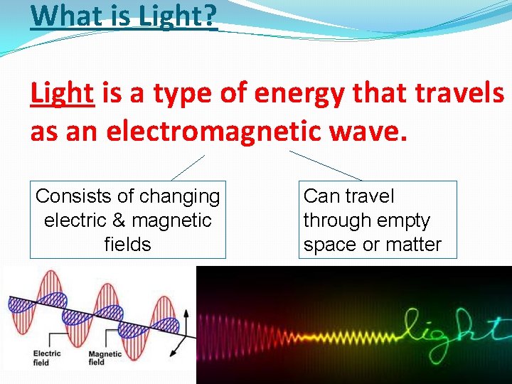 What is Light? Light is a type of energy that travels as an electromagnetic