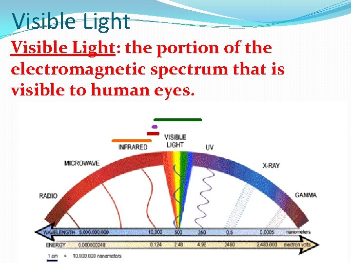 Visible Light: the portion of the electromagnetic spectrum that is visible to human eyes.