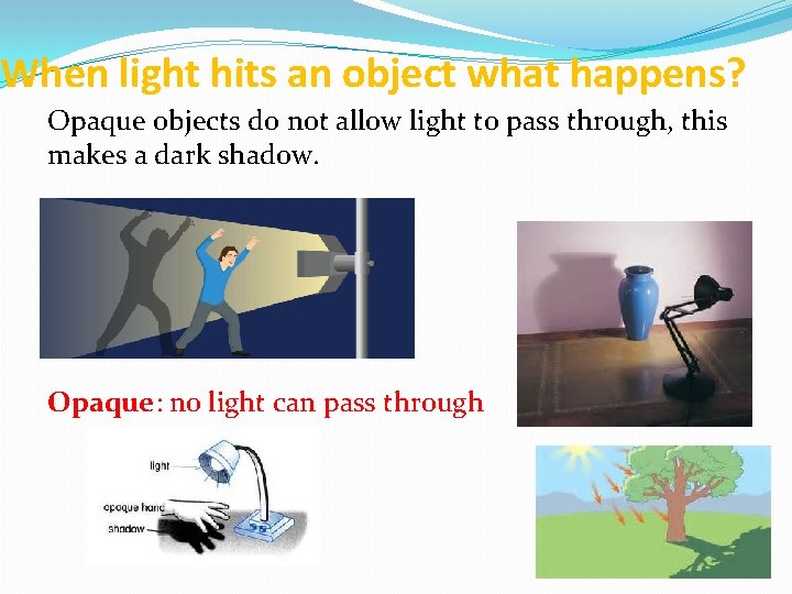 When light hits an object what happens? Opaque objects do not allow light to