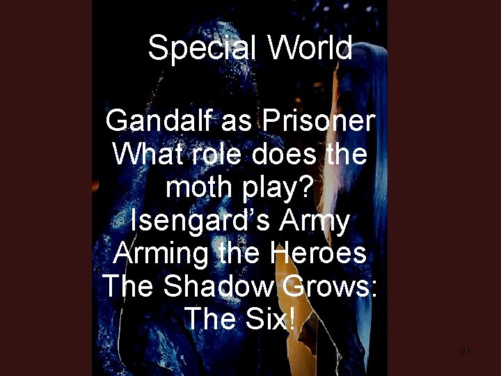 Special World Gandalf as Prisoner What role does the moth play? Isengard’s Army Arming