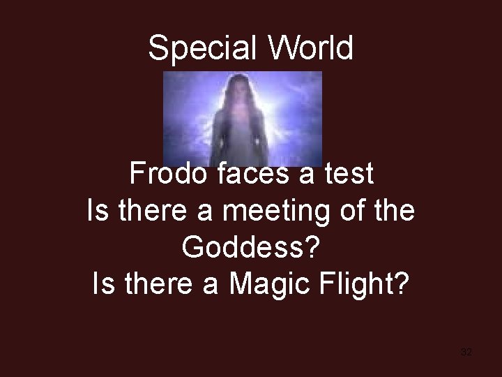 Special World Frodo faces a test Is there a meeting of the Goddess? Is