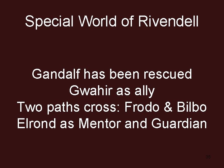 Special World of Rivendell Gandalf has been rescued Gwahir as ally Two paths cross: