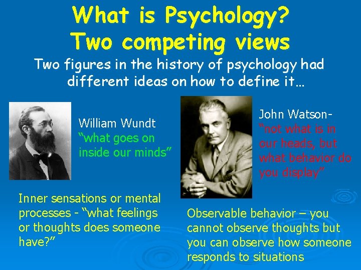 What is Psychology? Two competing views Two figures in the history of psychology had