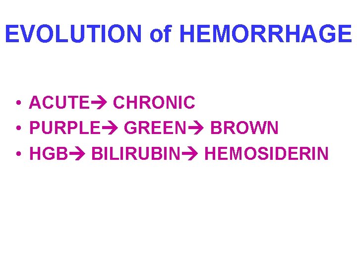 EVOLUTION of HEMORRHAGE • ACUTE CHRONIC • PURPLE GREEN BROWN • HGB BILIRUBIN HEMOSIDERIN