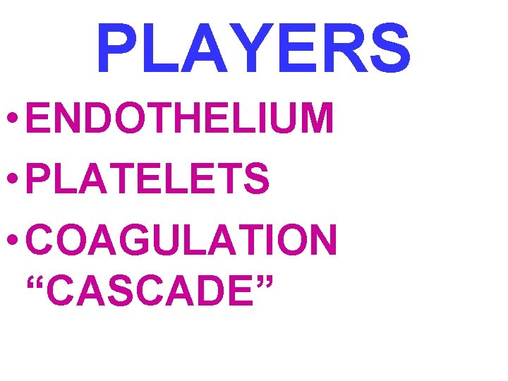 PLAYERS • ENDOTHELIUM • PLATELETS • COAGULATION “CASCADE” 
