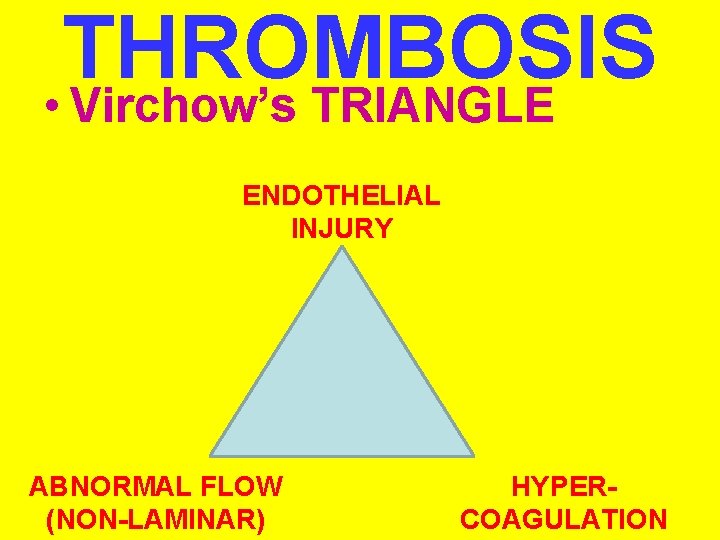 THROMBOSIS • Virchow’s TRIANGLE ENDOTHELIAL INJURY ABNORMAL FLOW (NON-LAMINAR) HYPERCOAGULATION 