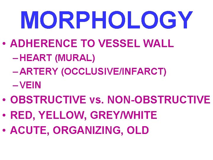 MORPHOLOGY • ADHERENCE TO VESSEL WALL – HEART (MURAL) – ARTERY (OCCLUSIVE/INFARCT) – VEIN