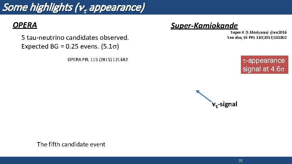 Some highlights (nt appearance) OPERA Super-Kamiokande 5 tau-neutrino candidates observed. Expected BG = 0.