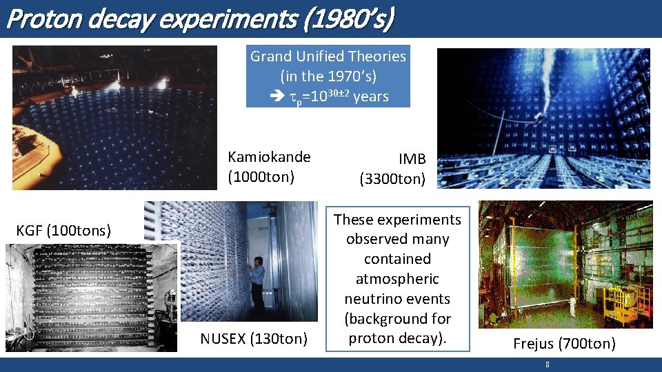 Proton decay experiments (1980’s) Grand Unified Theories (in the 1970’s) tp=1030± 2 years Kamiokande