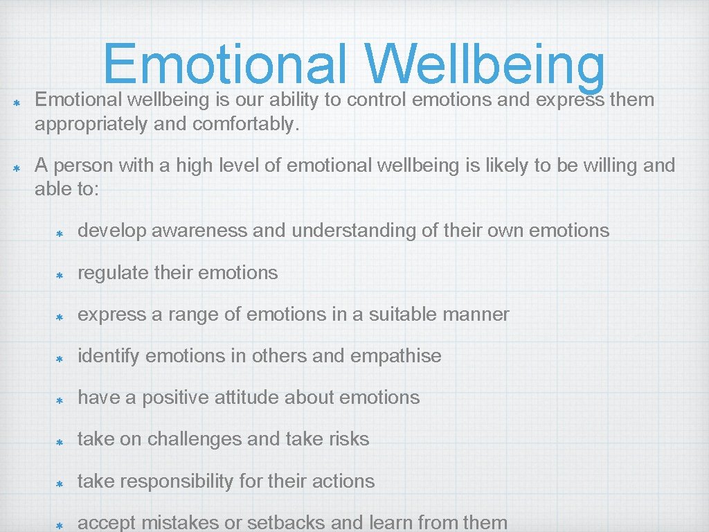 Emotional Wellbeing Emotional wellbeing is our ability to control emotions and express them appropriately
