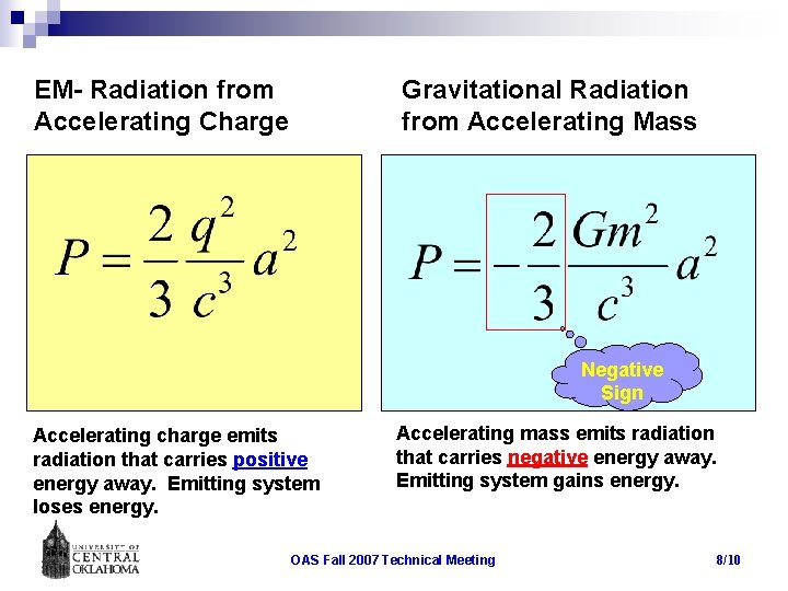 EM- Radiation from Accelerating Charge Gravitational Radiation from Accelerating Mass Negative Sign Accelerating charge