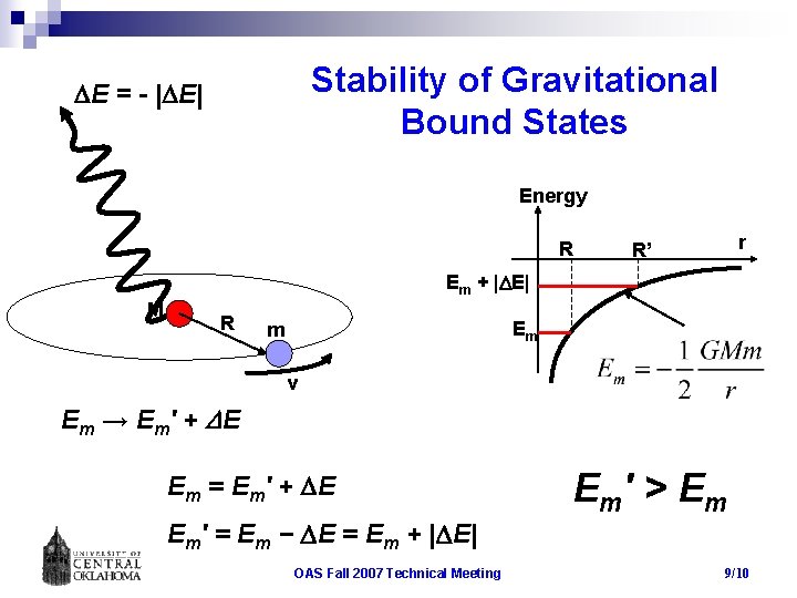 Stability of Gravitational Bound States DE = - |DE| Energy R r R’ Em