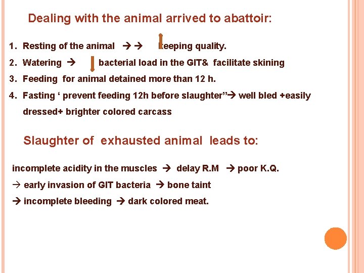  Dealing with the animal arrived to abattoir: 1. Resting of the animal keeping