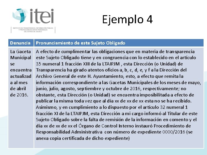 Ejemplo 4 Denuncia Pronunciamiento de este Sujeto Obligado La Gaceta Municipal se encuentra actualizad