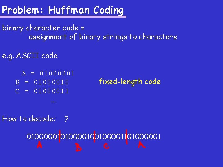 Problem: Huffman Coding binary character code = assignment of binary strings to characters e.