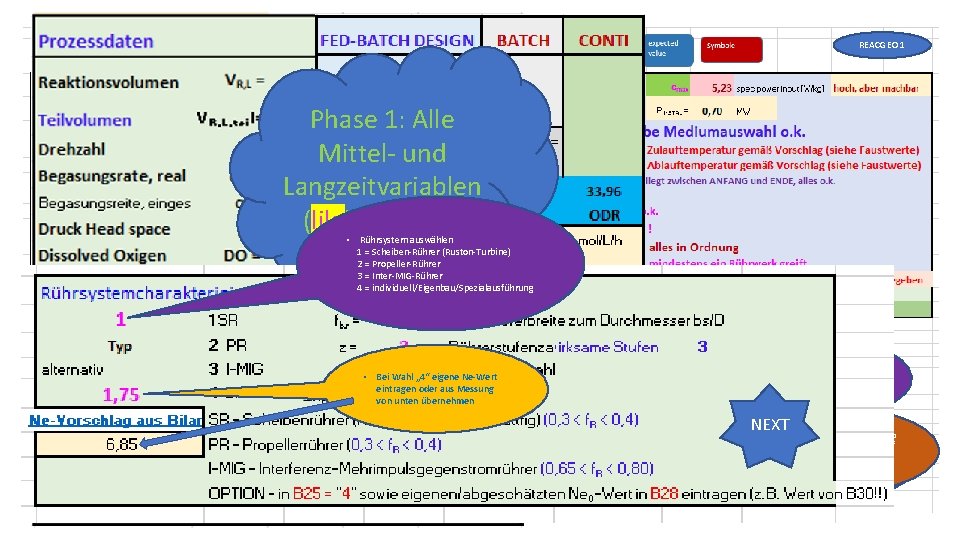 REACGEO 1 Phase 1: Alle Mittel- und Langzeitvariablen (lila)eintragen • Rührsystem auswählen 1 =