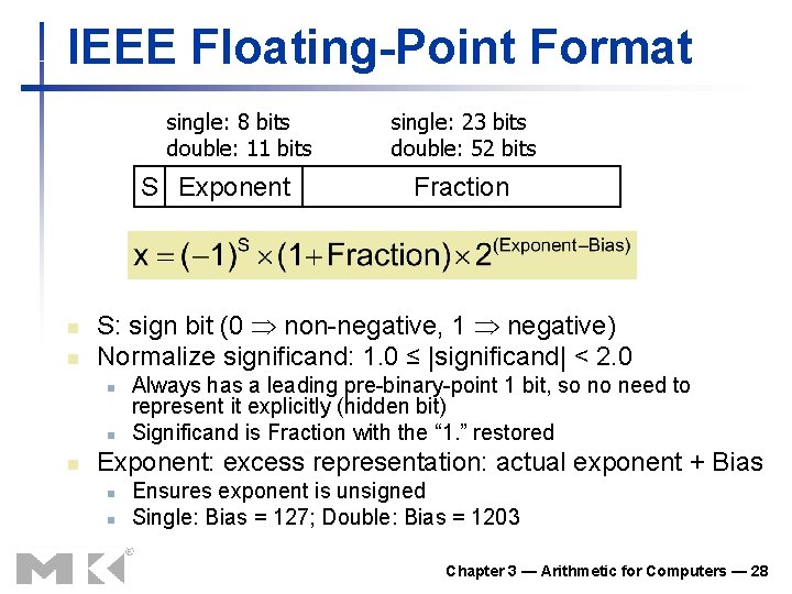 IEEE Floating-Point Format single: 8 bits double: 11 bits S Exponent n n Fraction IEEE Floating-Point Format single: 8 bits double: 11 bits S Exponent n n Fraction