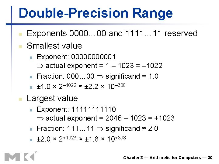 Double-Precision Range n n Exponents 0000… 00 and 1111… 11 reserved Smallest value n Double-Precision Range n n Exponents 0000… 00 and 1111… 11 reserved Smallest value n