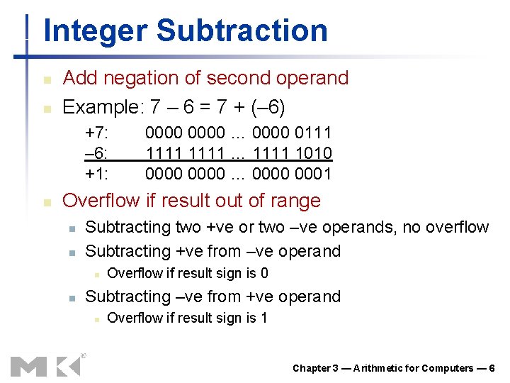 Integer Subtraction n n Add negation of second operand Example: 7 – 6 = Integer Subtraction n n Add negation of second operand Example: 7 – 6 =