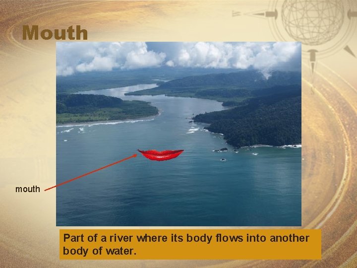 Mouth mouth Part of a river where its body flows into another body of