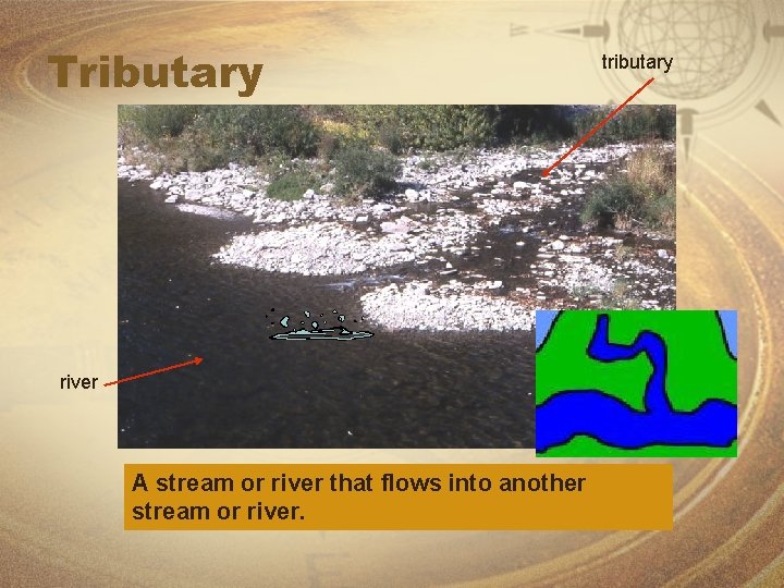 Tributary river A stream or river that flows into another stream or river. tributary