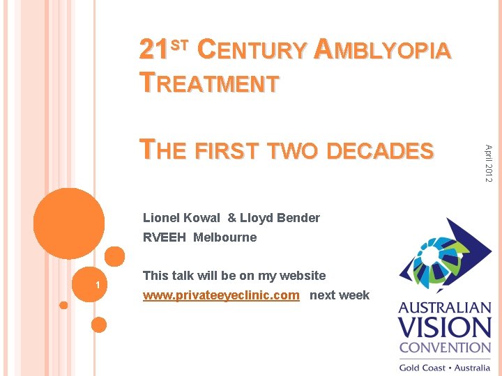 21 ST CENTURY AMBLYOPIA TREATMENT Lionel Kowal & Lloyd Bender RVEEH Melbourne 1 This