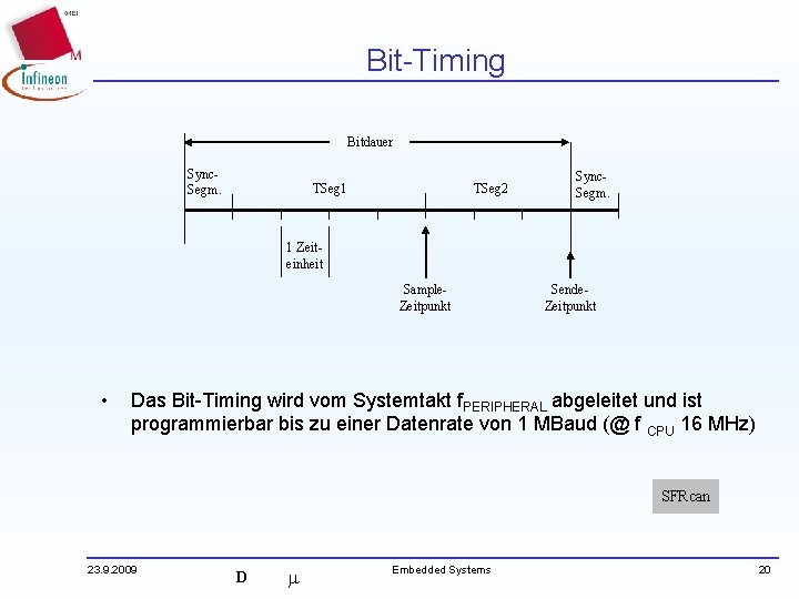 Bit-Timing Bitdauer Sync. Segm. TSeg 1 TSeg 2 Sync. Segm. 1 Zeiteinheit Sample. Zeitpunkt