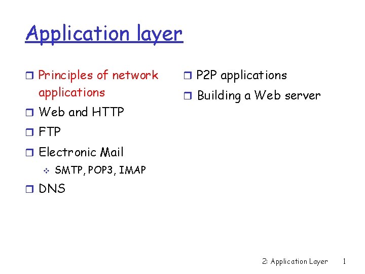 Application layer Principles of network applications Web and HTTP P 2 P applications Building