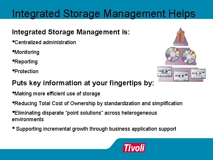 Integrated Storage Management Helps Integrated Storage Management is: • Centralized administration • Monitoring • Integrated Storage Management Helps Integrated Storage Management is: • Centralized administration • Monitoring •