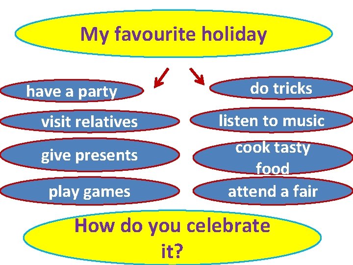 My favourite holiday have a party do tricks visit relatives listen to music give